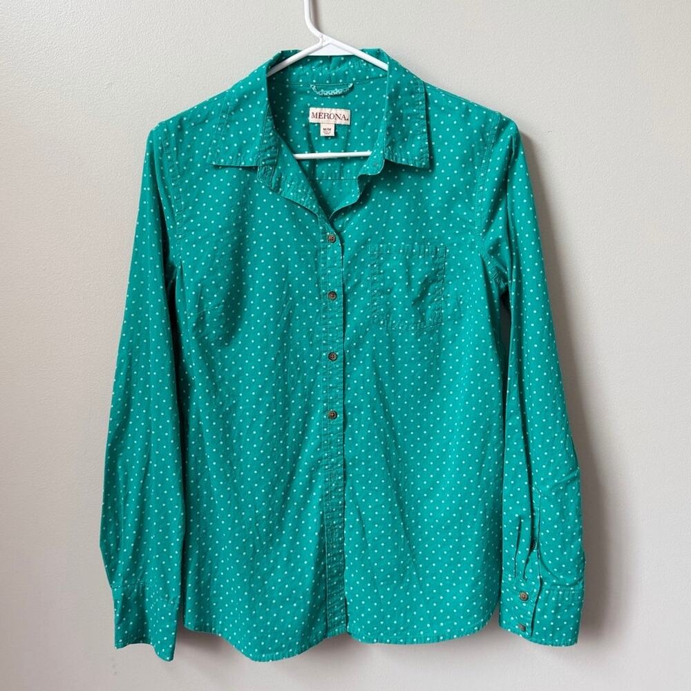 Merona Teal Green Polka Dot Button Down Shirt Women’s Size M Long Sleeve Cotton